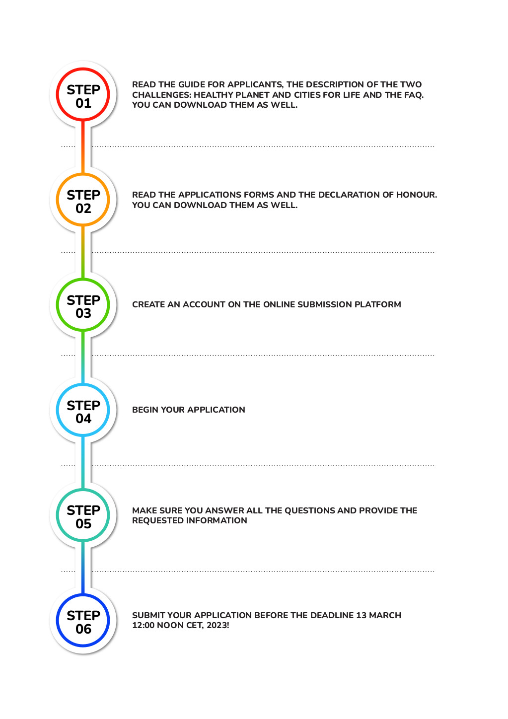 Step 1: Read the Guide for Applicants, the description of the two challenges: Healthy Planet and Cities for Life and the FAQ. You can download them as well. Step 2: Read the applications forms and the declaration of honour. You can download them as well. Step 3: Create an account on the online submission platform Step 4: Begin your application Step 5: Make sure you answer all the questions and provide the requested information Step 6: Submit your application before the deadline 13 March 12:00 noon CET, 2023!